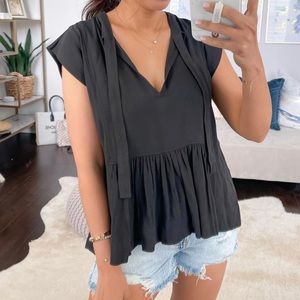 Black Peplum Tie Neck Top XS
